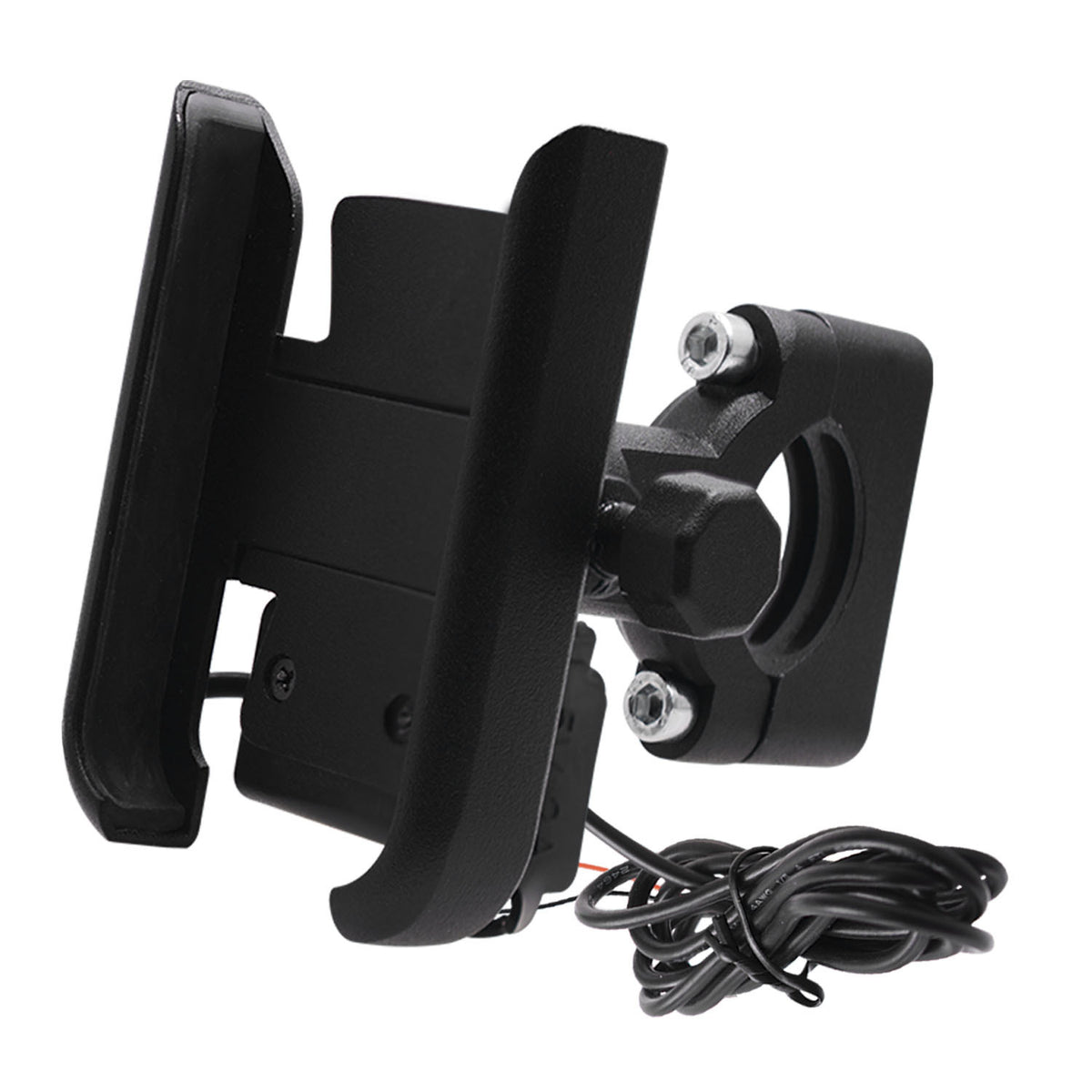 Black aluminum phone mount with USB charging