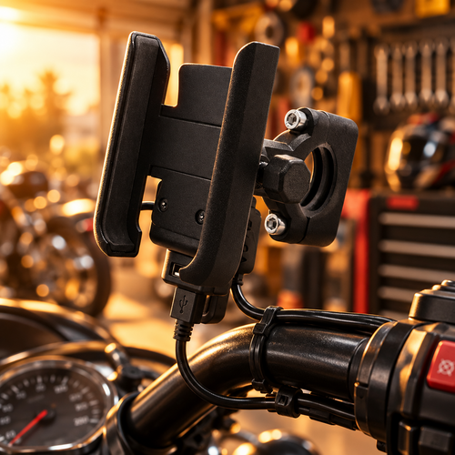 Aluminum phone mount on a motorcycle in a garage