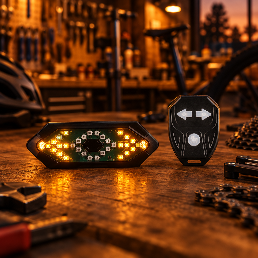Turn signal bike light and wireless remote on a workbench