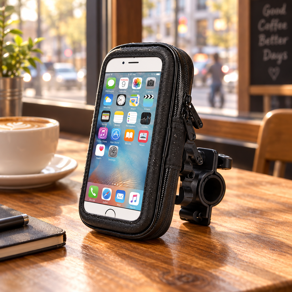 Rainproof phone case mount on a cafe table
