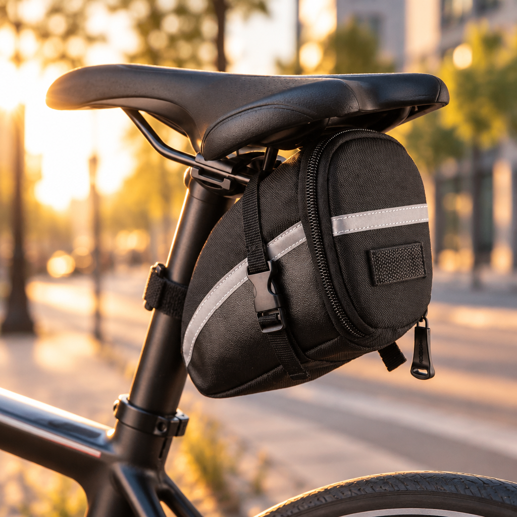 Under-seat saddle bag on a bike at sunrise