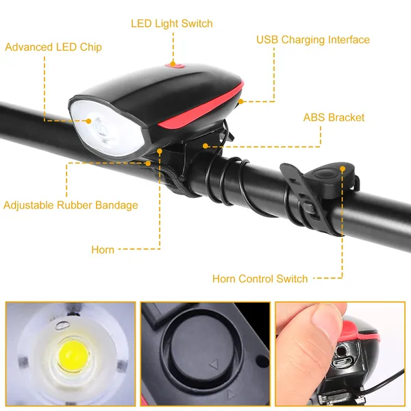 Rechargeable Bike Headlight with Horn + Tail Light