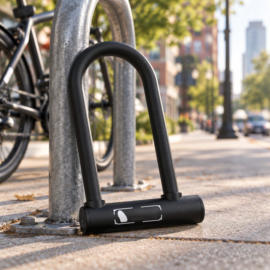 Steel U-lock at a city bike rack