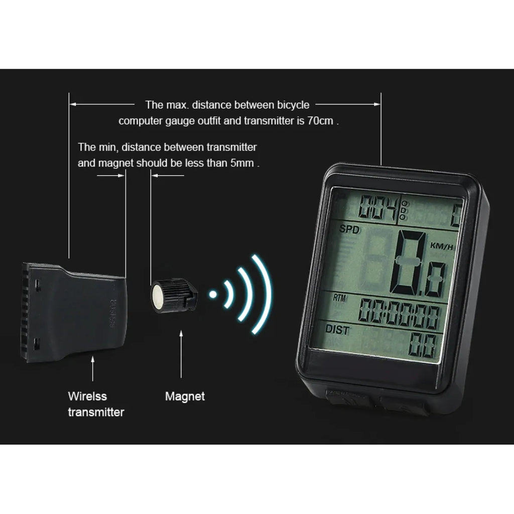 Wireless bike speedometer with sensor and magnet setup