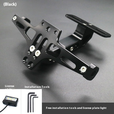 Black adjustable license plate holder with inset views of the plate light and hex keys
