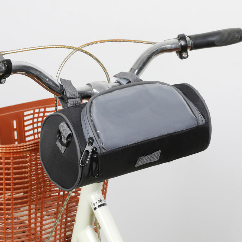 Black handlebar bag with phone window on handlebars