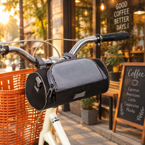 Handlebar bag with phone window on a bike outside a coffee shop