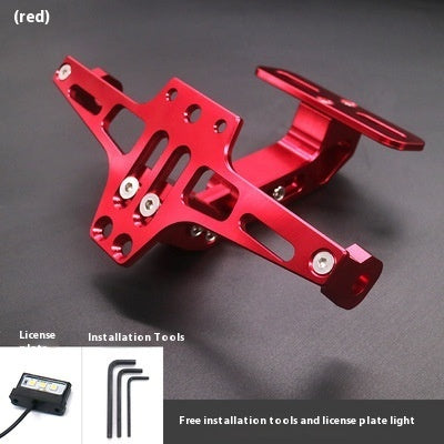 Red adjustable license plate holder with inset views of the plate light and hex keys