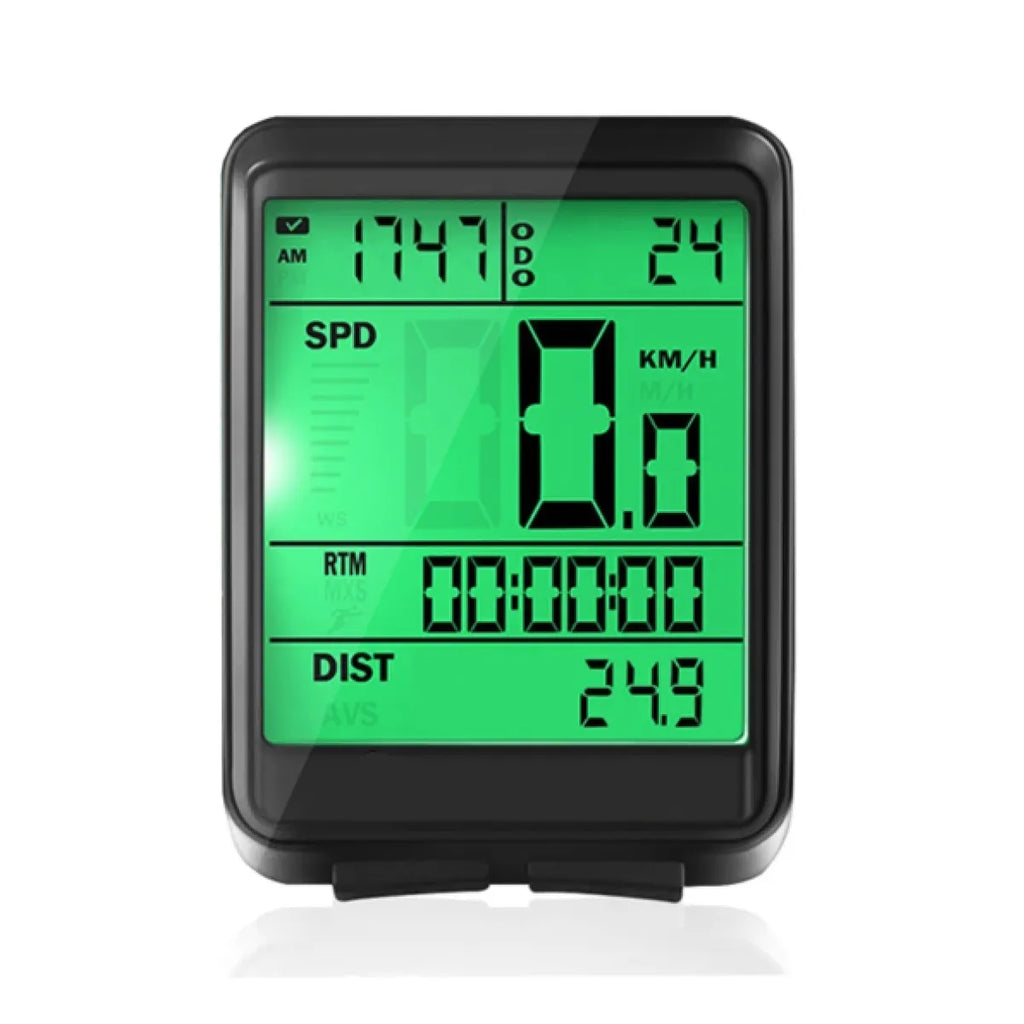 Wireless bike speedometer with green backlit display