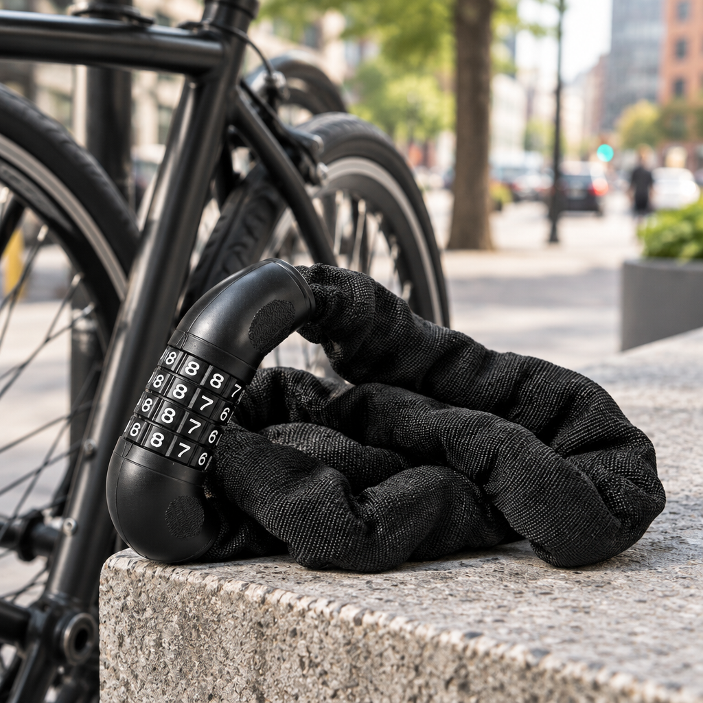 Combination chain lock on a street ledge next to a bike