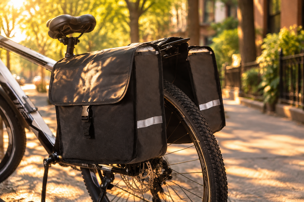 Waterproof double pannier on a bike on a city street