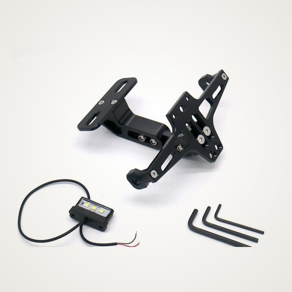 Black license plate holder with plate light and hex keys