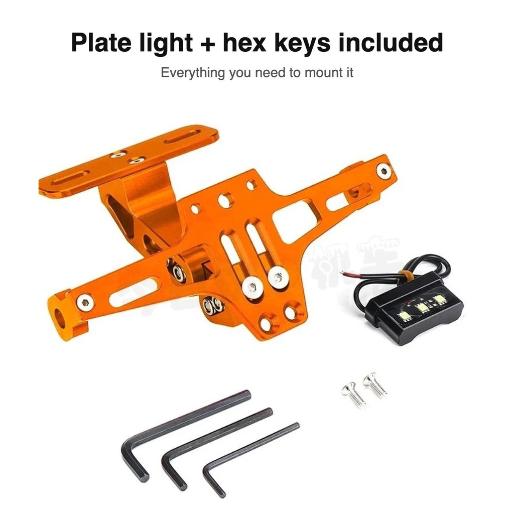 Orange plate holder with plate light, screws and hex keys